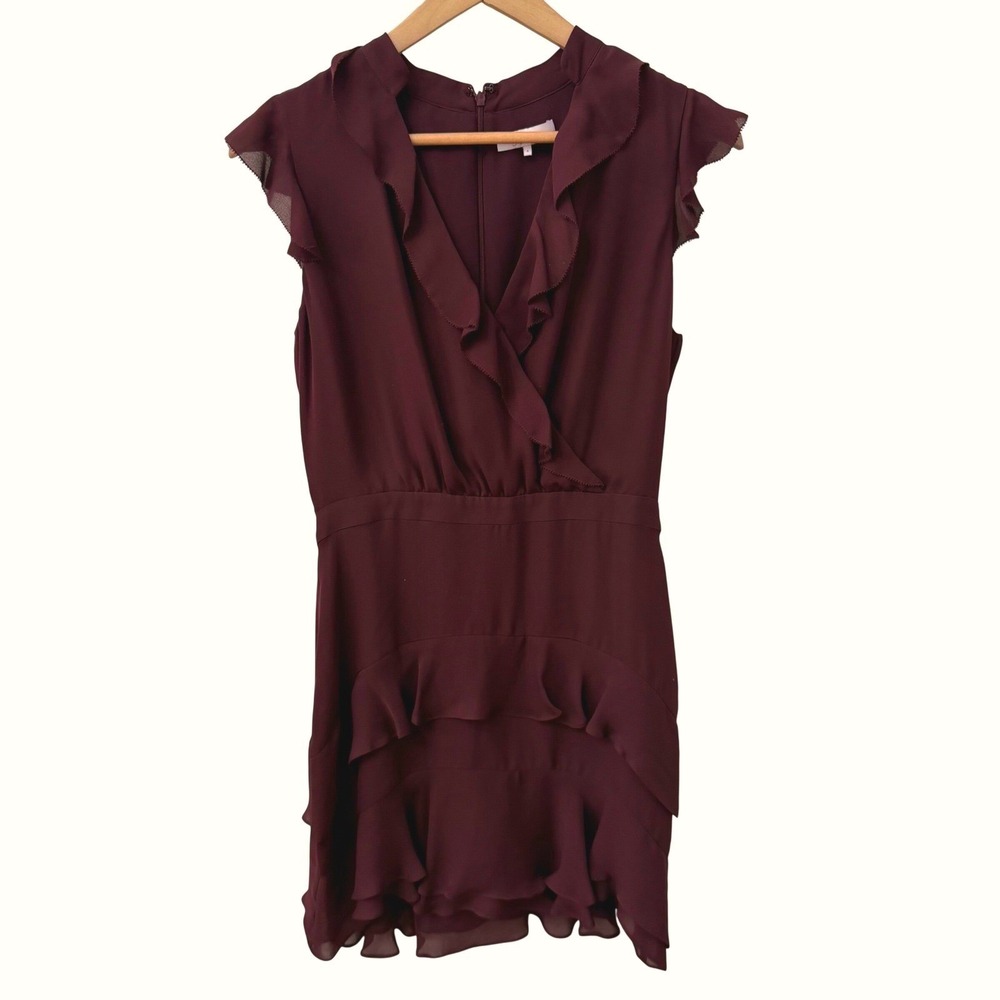 Parker Silk Ruffle Mini Dress 4 Burgundy V-Neck Flutter Sleeve